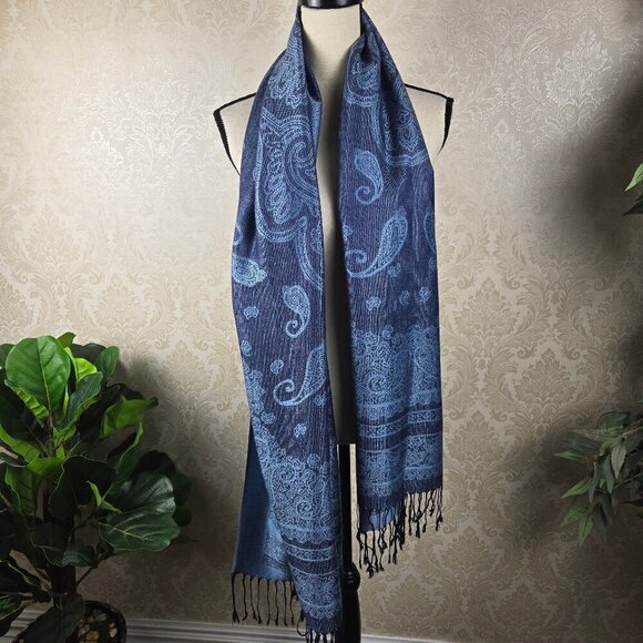 Pashmina Dark Blue Medium Blue Paisley Reversible Fringed Ends Viscose/Acrylic - Picture 1 of 12